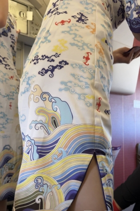 海航空姐飞机上销售制服灰丝旗袍开衩精彩特写